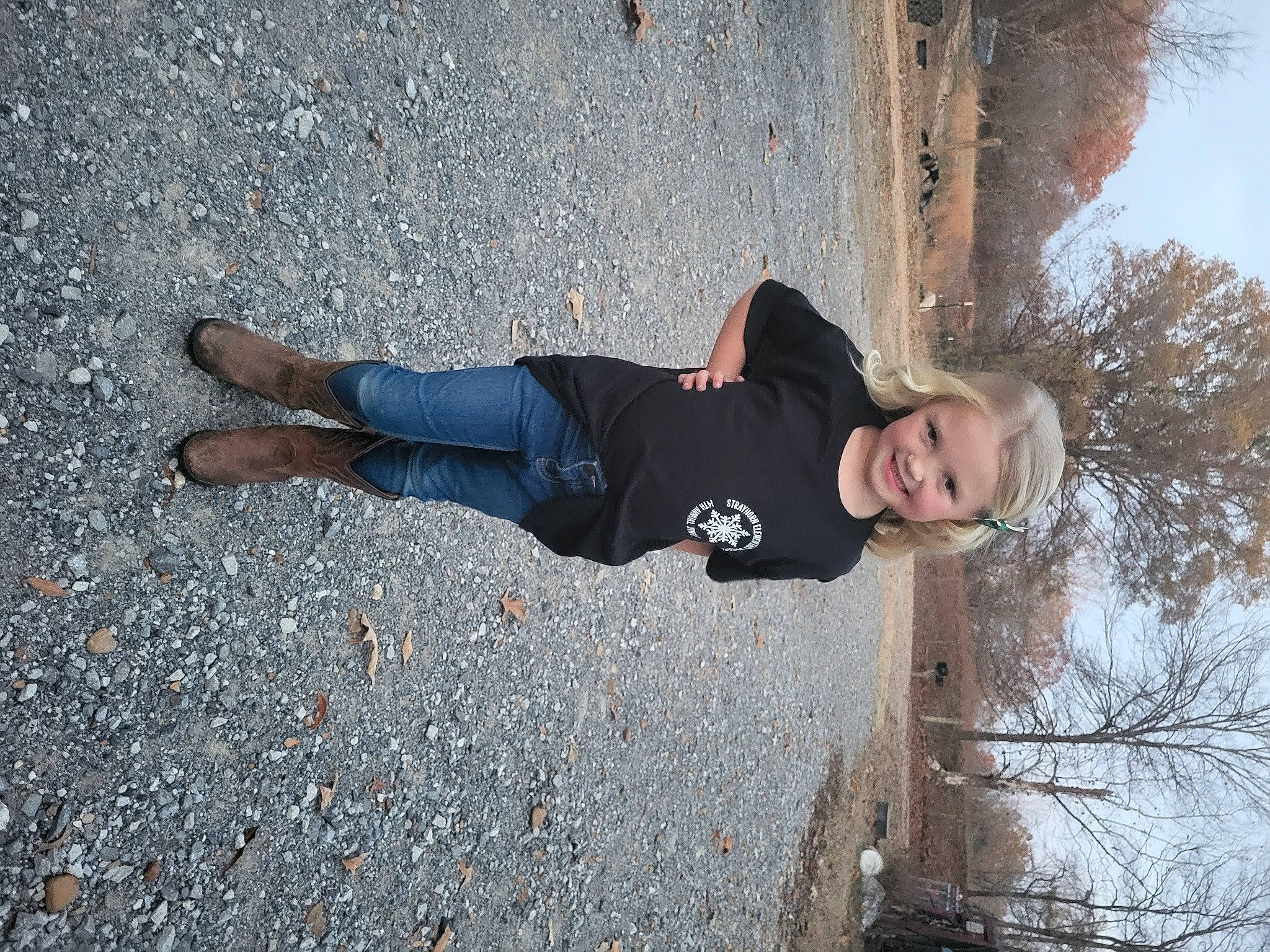 Presley joined the competition — help win amazing prizes! asphalt, cobblestone, concrete, denim, fun, human_leg, joy, pedestrian, person, road_surface, shadow, shoe, sidewalk, sky, smile, soil, tar, toddler, tree, walking_shoe