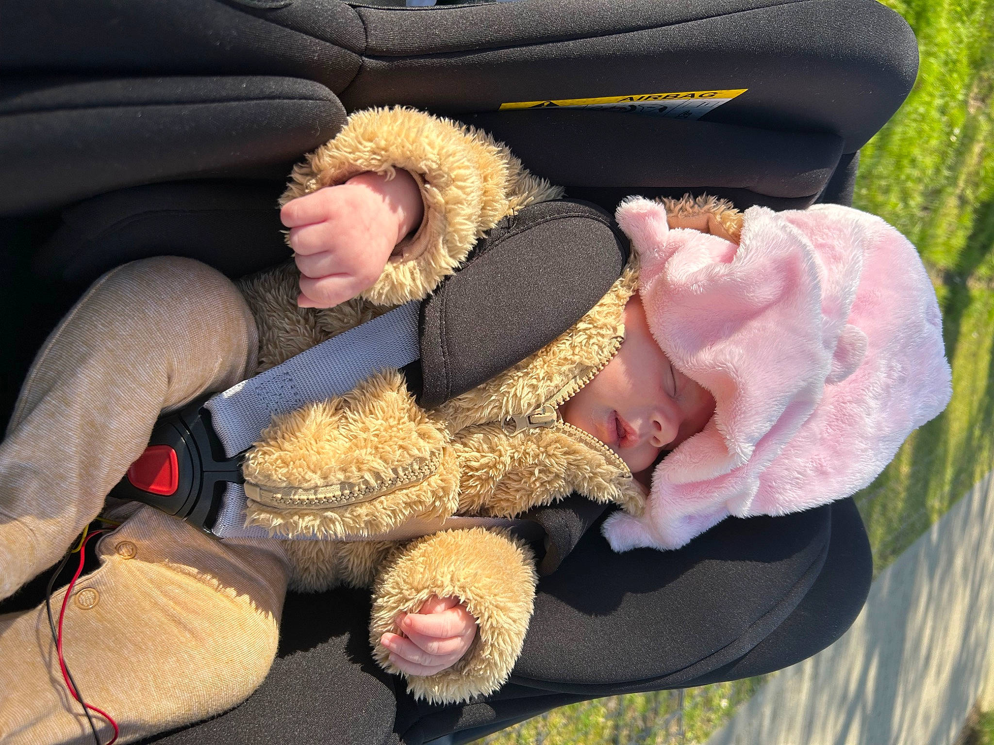 Jane participe au concours pour gagner de l'argent avec cette photo : baby, car_seat, child, comfort, family_car, fashion_accessory, finger, foot, fur, gesture, grass, headwear, human_leg, lap, nail, person, sitting, thigh, thumb, toddler
