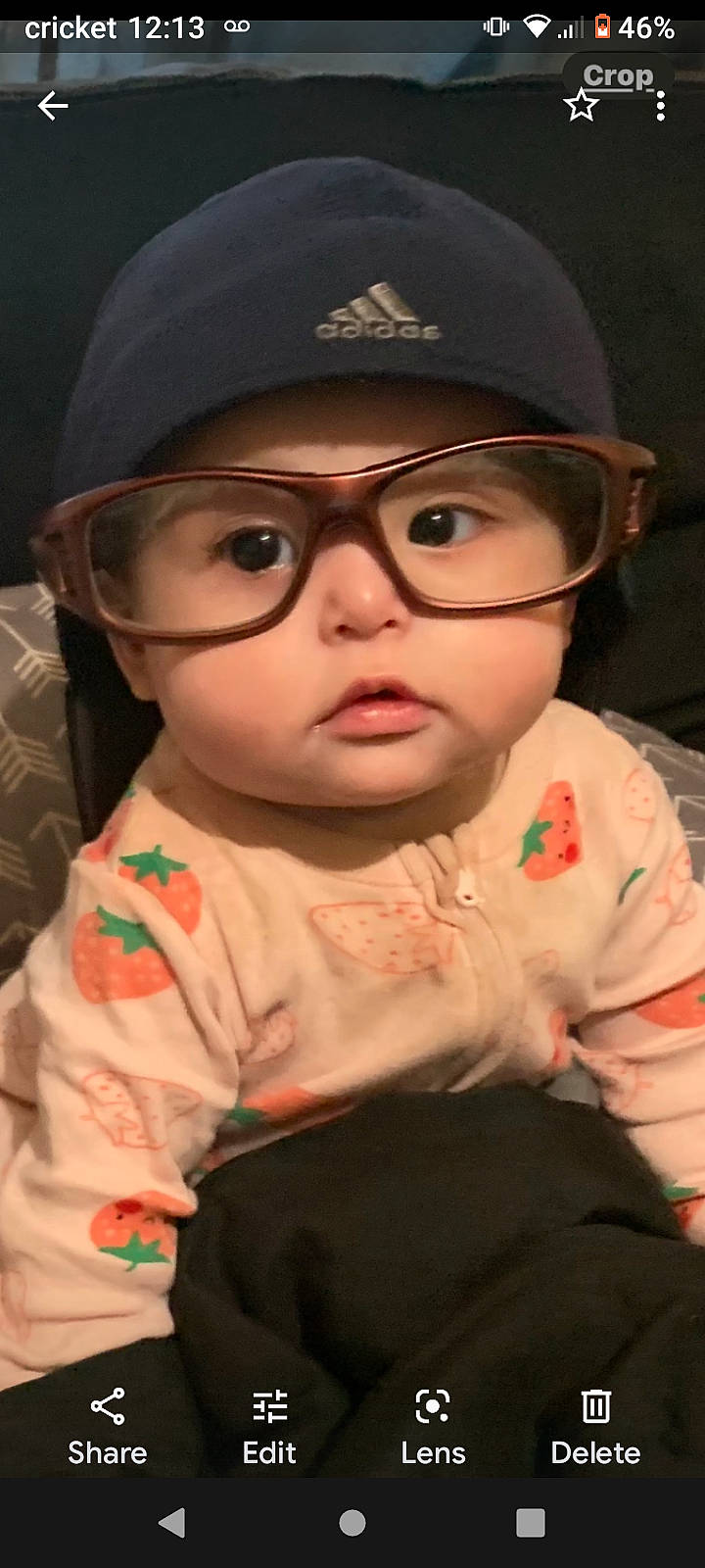 Athena is registered to the contest to win money with this photo: baby, baby_toddler_clothing, cap, cheek, child, chin, eyewear, fun, glasses, goggles, headwear, lip, mouth, nose, person, personal_protective_equipment, pink, skin, sleeve, sunglasses