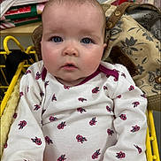 Aviana is registered to the contest to win money with this photo: baby, bag, blue_eyes, casual, child, closeup, clothing, curious, cute, fabric, face, floral_pattern, hand, indoor, infant, person, pink_pants, portrait, seated, shopping_cart