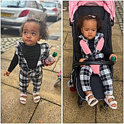Olivia joined the competition — help win amazing prizes! toddler, child, outdoor, sidewalk, stroller, sandals, hair_clip, black_and_white_clothing, plaid, bottle, curly_hair, expression, urban, footwear, person, baby, casual_clothing, daylight, pavement, cute