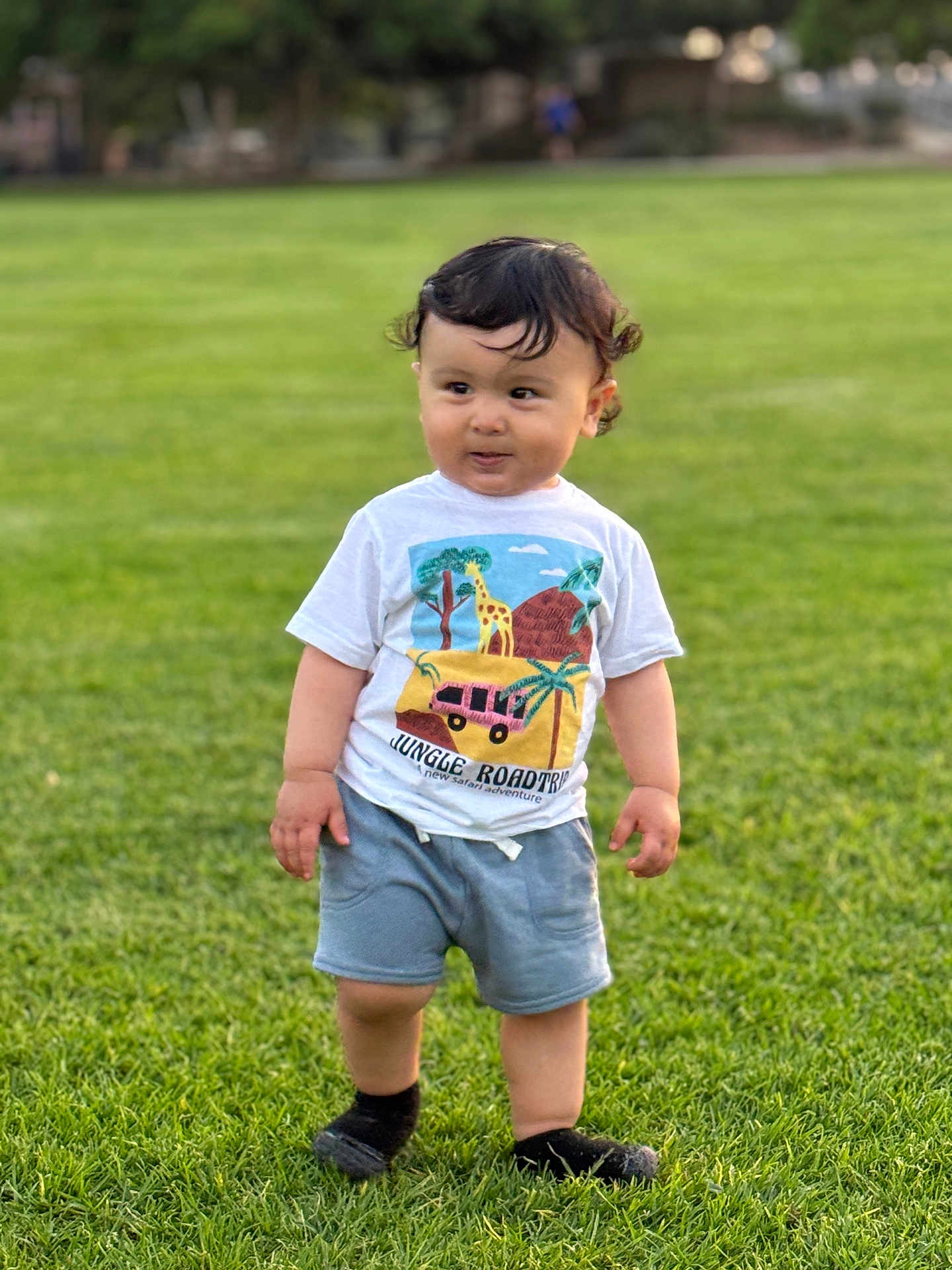 Elijah joined the competition — help win amazing prizes! toddler, child, grass, outdoor, shorts, tshirt, curly_hair, standing, greenery, playful, daylight, nature, young_child, casual_clothing, person, cute, summer, feet, expression, park