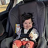 baby, car_seat, child, smile, hair_pigtails, safety_harness, clothing, indoors, seatbelt, cute, infant, person, car_interior, foot, happy, portrait, sitting, window, daylight, face