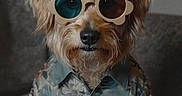 Luna a rejoint le concours — aidez-le/la à gagner de superbes lots ! dog, sunglasses, flower_shaped, blue_lens, brown_lens, floral_shirt, patterned_chair, indoor, portrait, pet, cute, fashion, animal, fur, nose, ears, sitting, expression, casual, colorful
