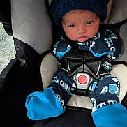Paxxton is registered to the contest to win money with this photo: baby, infant, car_seat, blue_clothing, mittens, hat, newborn, child, seatbelt, portrait, indoor, cute, small, person, face, apparel, safety, young, bundle, looking