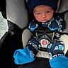 baby, infant, car_seat, blue_clothing, mittens, hat, newborn, child, seatbelt, portrait, indoor, cute, small, person, face, apparel, safety, young, bundle, looking