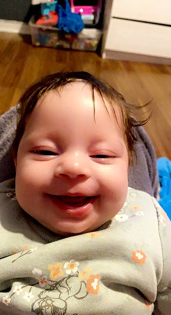 Delilah'Rose joined the competition — help win amazing prizes! baby, baby_laughing, baby_toddler_clothing, blue, cheek, chin, close_up, ear, eyebrow, eyelash, face, forehead, happy, iris, joy, lip, mouth, nose, person, skin