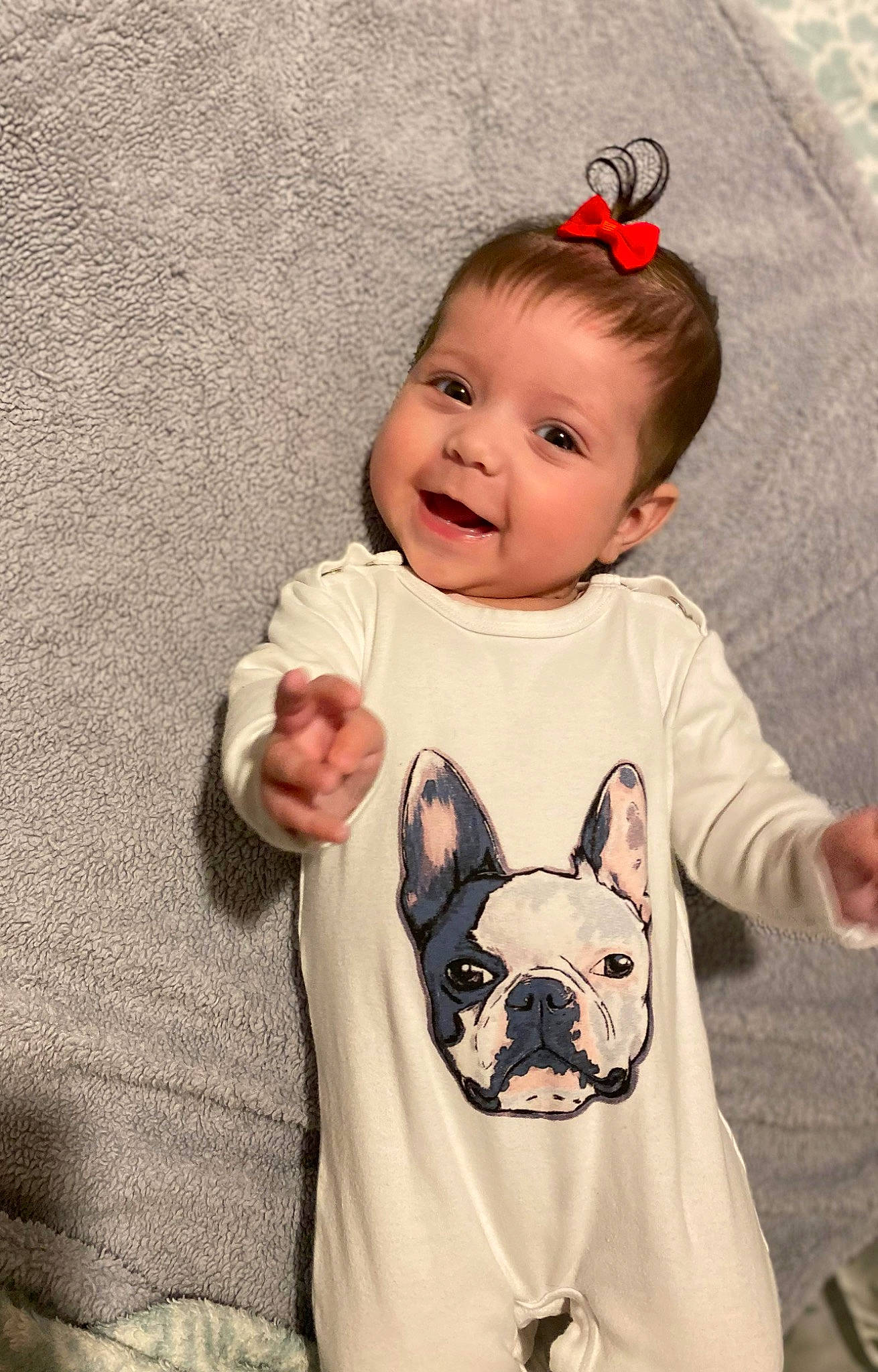 Elisia joined the competition — help win amazing prizes! baby, baby_toddler_clothing, bulldog, carnivore, cheek, companion_dog, dog, dog_breed, face, fawn, happy, head, joy, outerwear, person, pink, skin, sleeve, smile, t_shirt