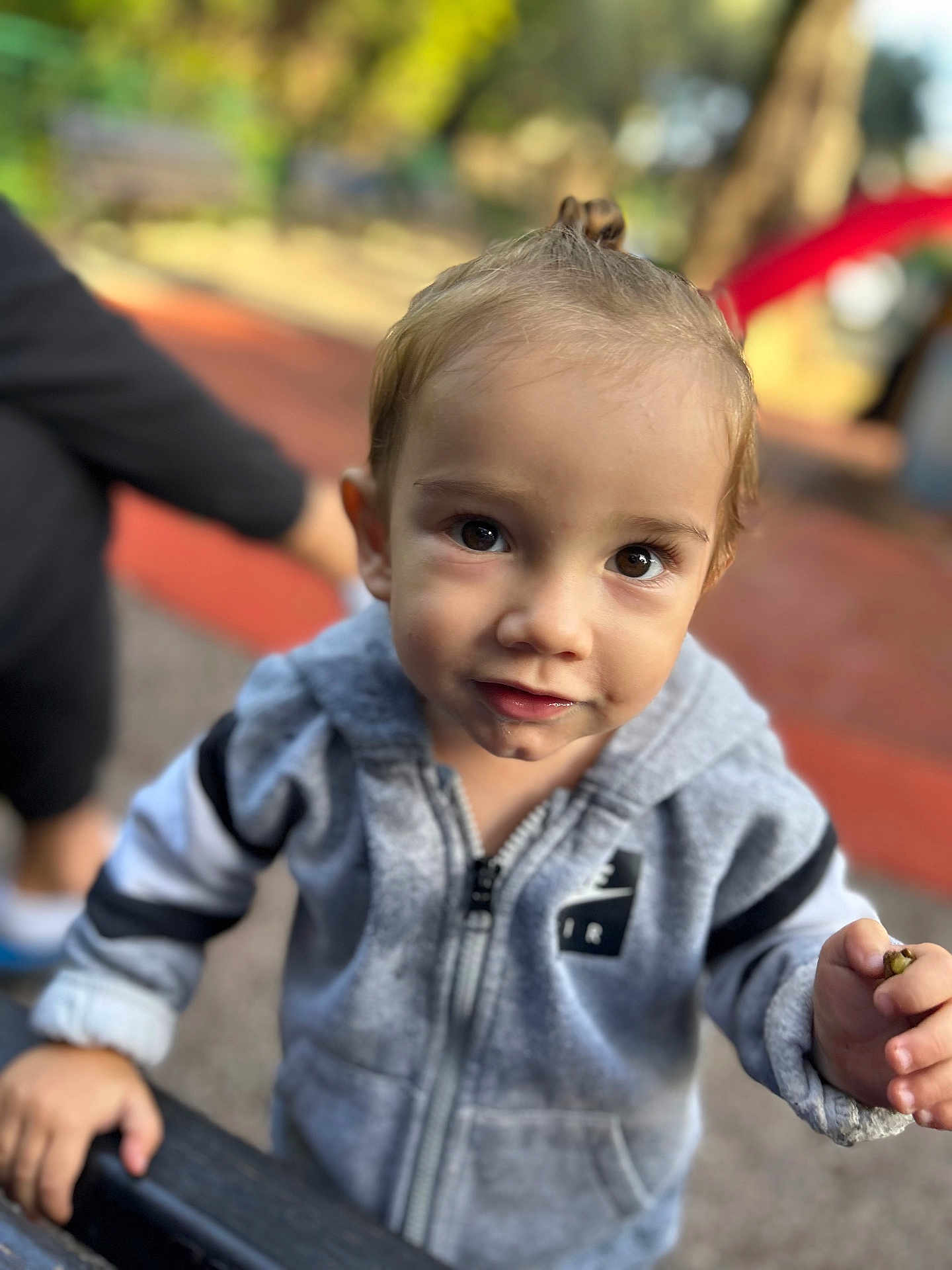 Kieran participe au concours pour gagner de l'argent avec cette photo : child, toddler, hoodie, gray_clothing, outdoor, playground, person, face, young_child, curious, expression, hand, brown_eyes, casual_clothing, park, daylight, small_object, hair_tied, portrait, blurred_background