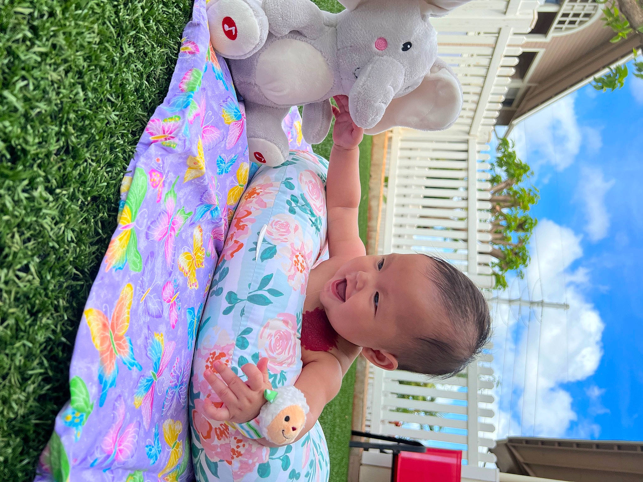 Naveah is registered to the contest to win money with this photo: baby, baby_toddler_clothing, blue, child, cloud, design, fun, happy, leaf, leisure, pattern, people, people_in_nature, person, pink, sky, snapshot, stuffed_toy, toddler, toy