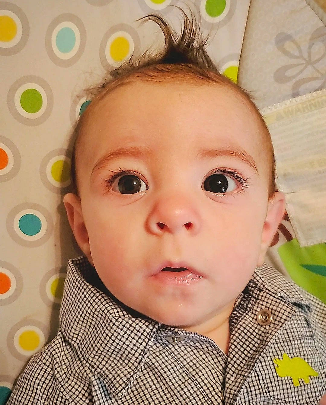 Kaden is registered to the contest to win money with this photo: baby, baby_toddler_clothing, cheek, child, chin, collar, ear, eye, eyebrow, eyelash, hairstyle, happy, iris, lip, nose, person, skin, sleeve, textile, toddler