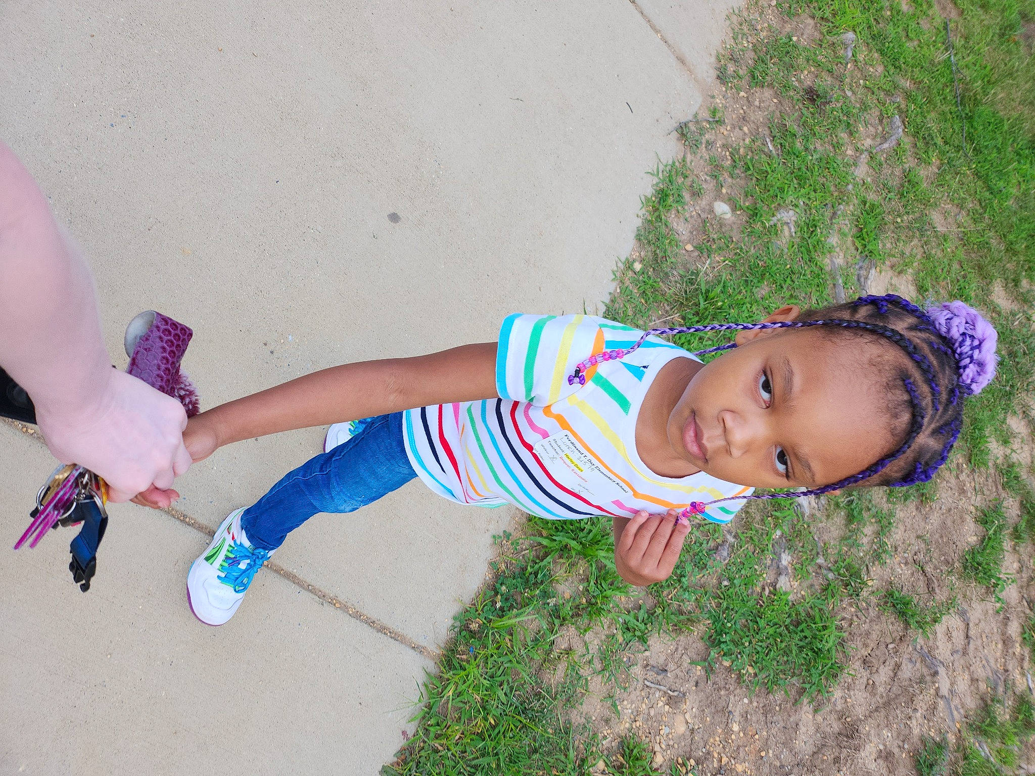 Harley joined the competition — help win amazing prizes! baby_toddler_clothing, child, fashion_accessory, foot, fun, grass, grassland, happy, hat, human_leg, leisure, magenta, pattern, people_in_nature, person, sandal, smile, sock, thigh, toddler