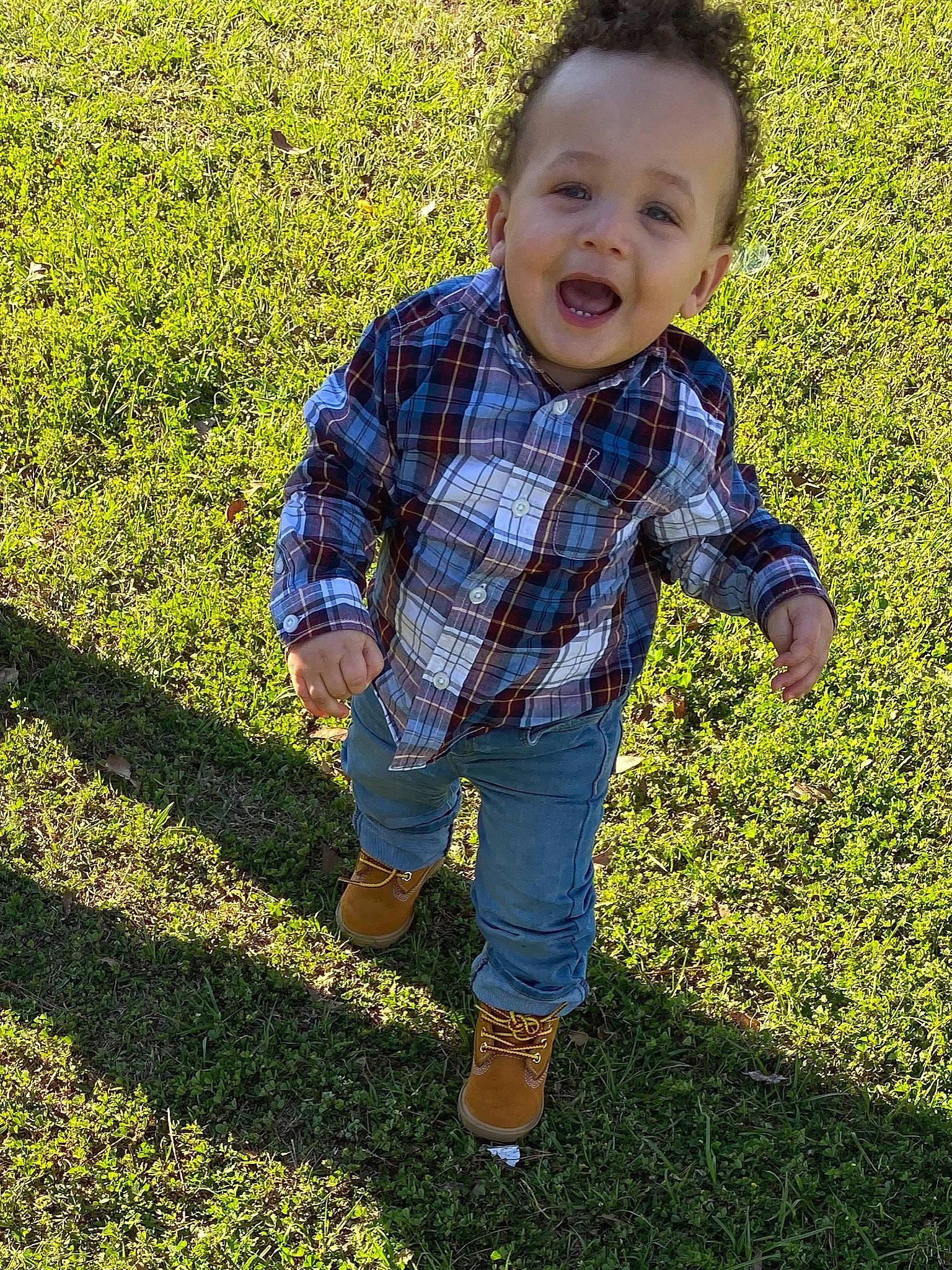 Kayden is registered to the contest to win money with this photo: child, fun, grass, grass_family, green, happy, jeans, lawn, leaf, meadow, pattern, people, people_in_nature, person, plaid, plant, play, smile, toddler, tree