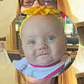 Reily is registered to the contest to win money with this photo: adult, baby, blonde_hair, casual, child, circle, expression, face, face_swap, glasses, happy, headband, home, indoor, light, overlay, person, portrait, smile, woman