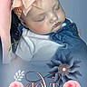 Reily joined the competition — help win amazing prizes! baby, child, closeup, cute, decorative_text, denim, face, floral_graphics, flower, head, headband, infant, love, overalls, peaceful, portrait, resting, skin, sleeping, white_shirt
