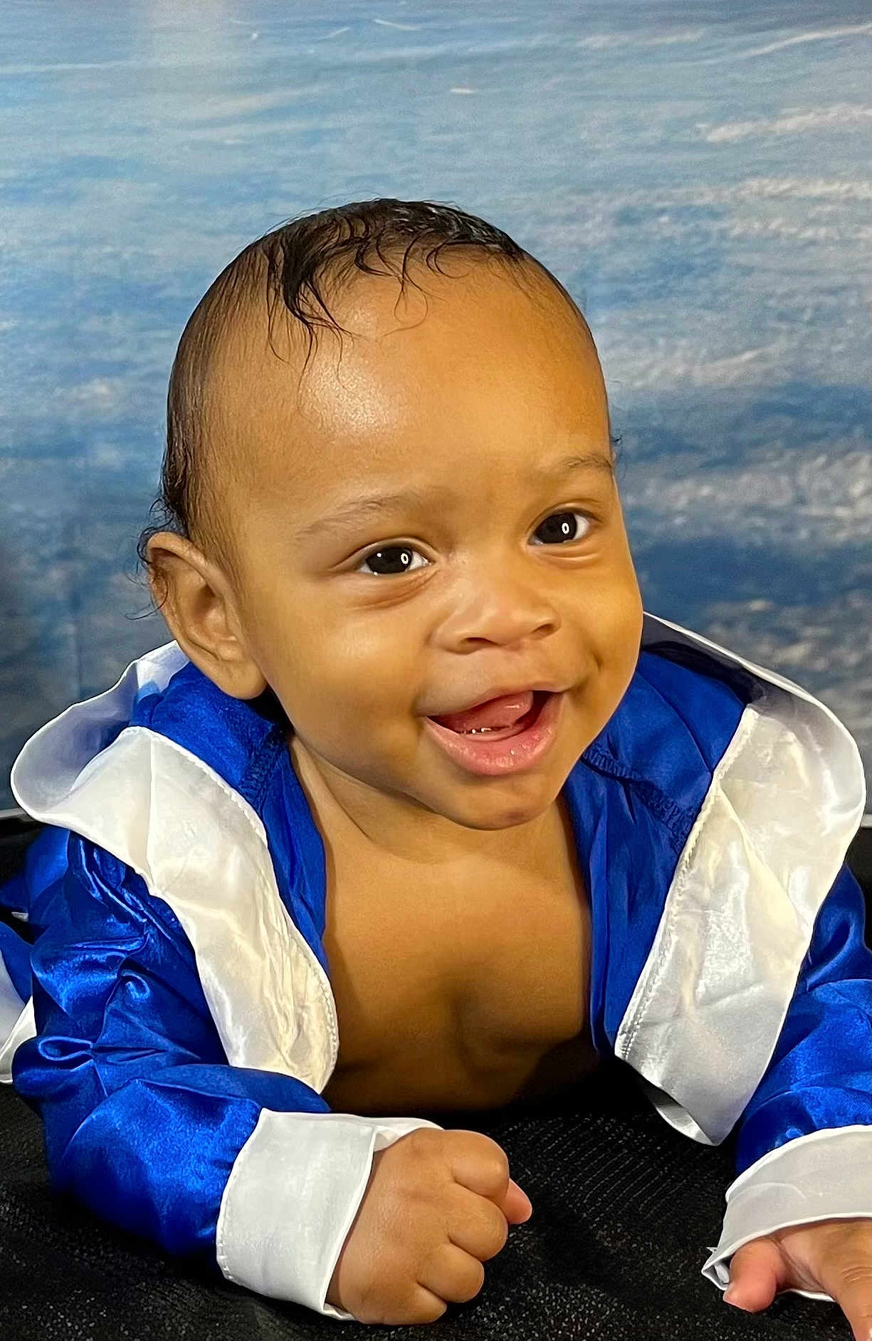 Zae'Vion joined the competition — help win amazing prizes! baby, child, smiling, blue_jacket, white_trim, infant, happy, face, portrait, cute, young_child, skin, hand, eyes, mouth, teeth, background, clothing, indoor, closeup