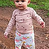 Nova joined the competition — help win amazing prizes! child, toddler, baby, outdoor, mud, puddle, barefoot, standing, portrait, smiling, face, curly_hair, pink_shirt, floral_clothing, pants, nature, grass, dirt, play, daylight