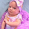 baby, infant, child, portrait, sitting, pink, purple, tutu, dress, bow, headband, outfit, fashion, cute, looking_at_camera, indoors, blanket, fabric, baby_photography, colorful