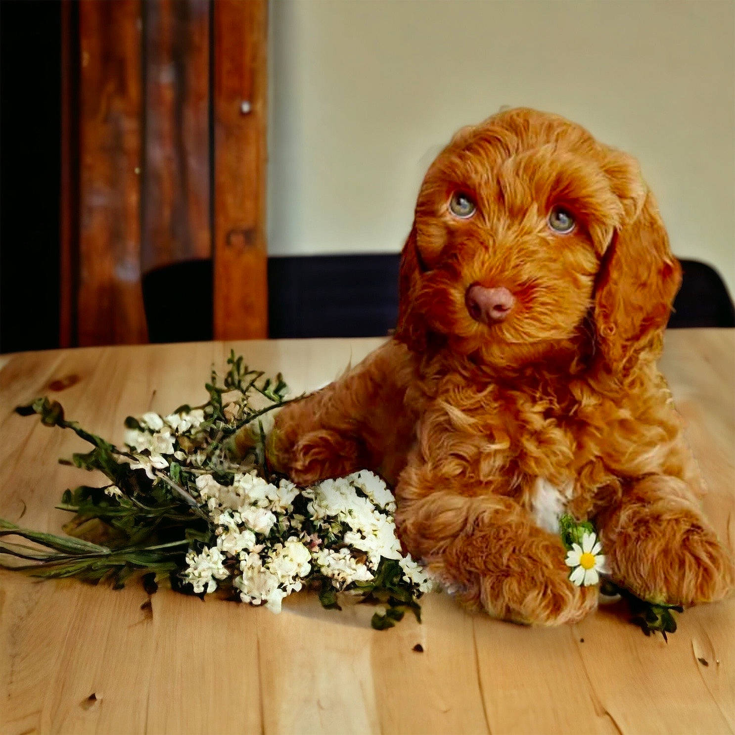 Teddy is registered to the contest to win money with this photo: artificial_flower, brown, canidae, carnivore, companion_dog, cut_flowers, dog, dog_breed, event, flower, flower_arranging, hardwood, liver, pet_supply, petal, plant, rose, sporting_group, toy_dog, wood