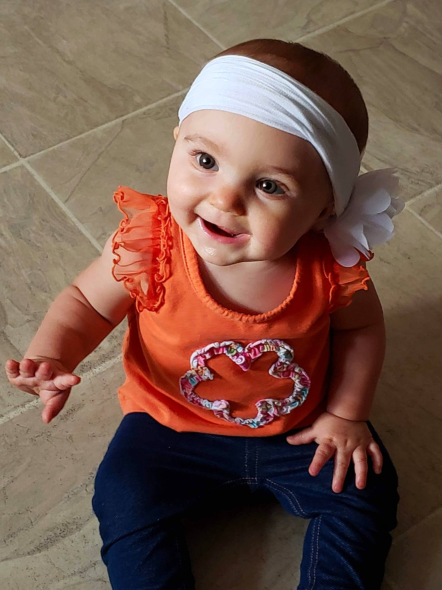 Heaven-lee is registered to the contest to win money with this photo: baby, cap, cheek, child, child_model, clothing, face, fashion_accessory, hair_accessory, hat, head, headband, headgear, headwear, joy, orange, person, sleeve, smile, toddler