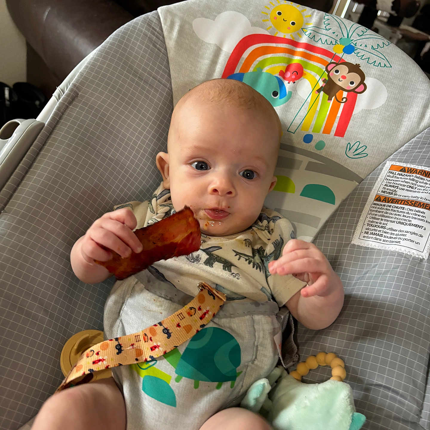 Maverick joined the competition — help win amazing prizes! baby, bodypart, bread, chair, couch, crib, cushion, cutlery, eating, face, finger, food, furniture, hand, head, homedecor, infantbed, person, sitting, spoon