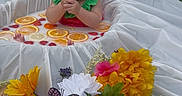 Avaiya is registered to the contest to win money with this photo: baby, butterfly, child, citrus_slices, cute, decorations, flowers, fruit, grass, green_outfit, milk_bath, nature, outdoor, portrait, red_hair_ties, sitting, strawberries, summer, water, white_cloth