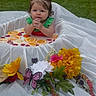 baby, child, milk_bath, citrus_slices, strawberries, flowers, butterfly, outdoor, grass, white_cloth, red_hair_ties, green_outfit, cute, portrait, sitting, water, fruit, decorations, summer, nature