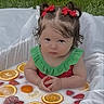 Avaiya is registered to the contest to win money with this photo: baby, child, girl, milk_bath, fruit_slices, orange, strawberry, lemon, outdoor, grass, greenery, red_bow, hair_buns, cute, portrait, sitting, white_tub, summer, fresh, playful