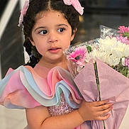 Evelina is registered to the contest to win money with this photo: child, girl, flower_bouquet, pastel_colors, dress, ruffles, braided_hair, pink_bow, indoor, portrait, cute, curious, holding, flowers, celebration, smiling, young, pretty, fashion, happy