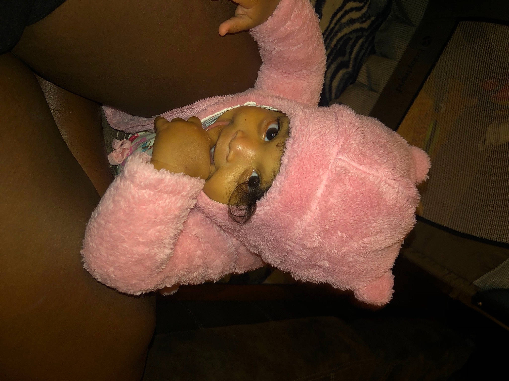 Amalia is registered to the contest to win money with this photo: abdomen, eyelash, fawn, flesh, fur, headwear, nail, person, pink, plush, room, snout, stuffed_toy, teddy_bear, thumb, toy, trunk, wrinkle, wrist