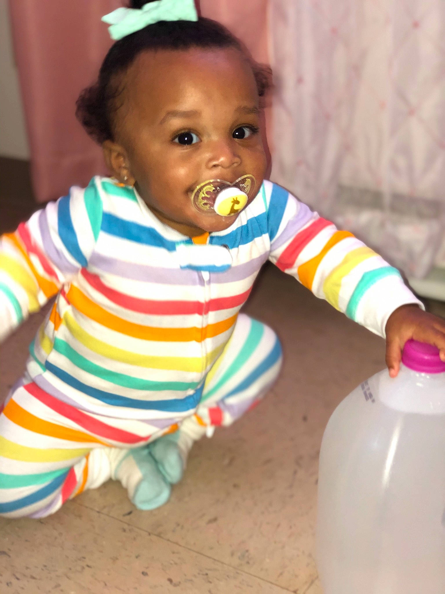 Amalia is registered to the contest to win money with this photo: baby, baby_playing_with_toys, baby_toddler_clothing, beauty, cheek, child, dress, drinkware, eye, face, fun, happy, nose, organ, person, plastic_bottle, skin, sleeve, smile, t_shirt