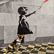 Sonic participe au concours pour gagner de l'argent avec cette photo : artistic, black_and_white, brown_and_white, checkered_floor, concrete, curious, dog, graffiti, harness, heart_balloon, indoor, mural, playful, puppy, shadow, sitting, street_art, tile_floor, urban, wall