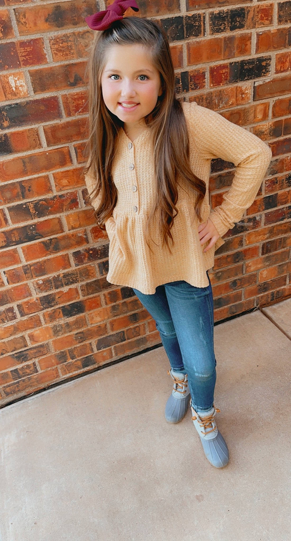 Keslynn joined the competition — help win amazing prizes! brick, brickwork, clothing, eye, face, flash_photography, footwear, hair, hairstyle, head, human_body, jeans, joy, lip, neck, outerwear, person, shoe, sleeve, smile