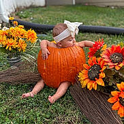 Freyja joined the competition — help win amazing prizes! autumn, baby, broom, child, cute, fall, flower, garden, grass, headband, holiday, nature, orange, outdoor, playful, portrait, pumpkin, seasonal, toddler, yellow