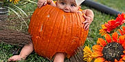 Freyja joined the competition — help win amazing prizes! autumn, baby, barefoot, bow, child, cute, face, fall, flower, grass, green, holiday, nature, orange, outdoor, plant, pumpkin, seasonal, smiling, yellow