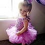 Mary joined the competition — help win amazing prizes! toddler, child, dress, tutu, purple, bow, barefoot, window, carpet, shy, light, indoor, portrait, cute, fashion, young_child, floor, solemn, person, decorative_clothing