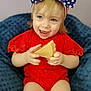 Mary joined the competition — help win amazing prizes! toddler, child, smiling, red_clothing, blue_bow, headband, toy, pie_toy, sitting, indoor, blond_hair, happy, cute, plush_chair, portrait, baby, face, hands, playful, young_child