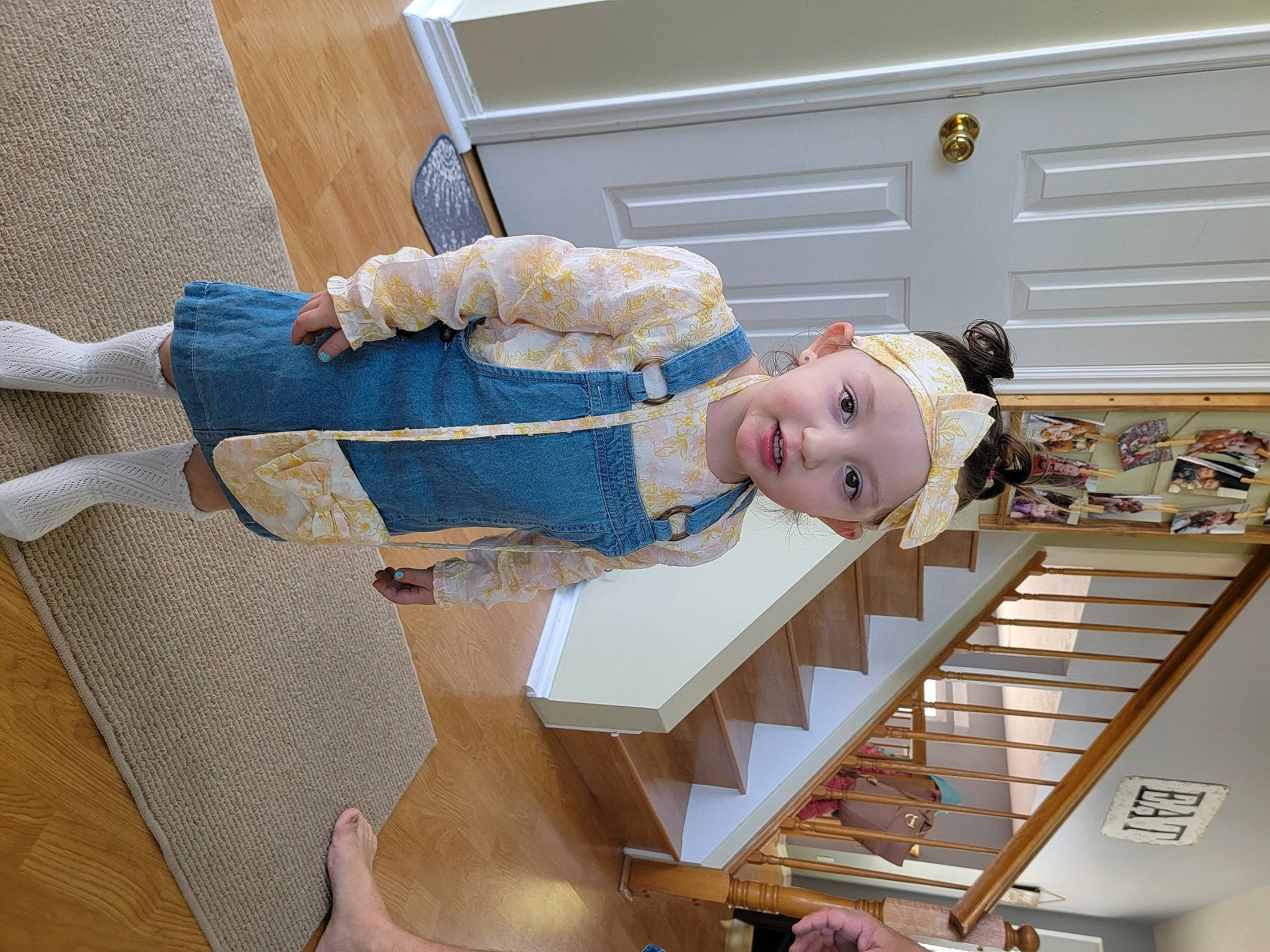 Adyson joined the competition — help win amazing prizes! baby, baby_products, baby_safety, baby_toddler_clothing, child, comfort, flooring, handrail, hardwood, hat, headwear, person, room, smile, stairs, toddler, wood