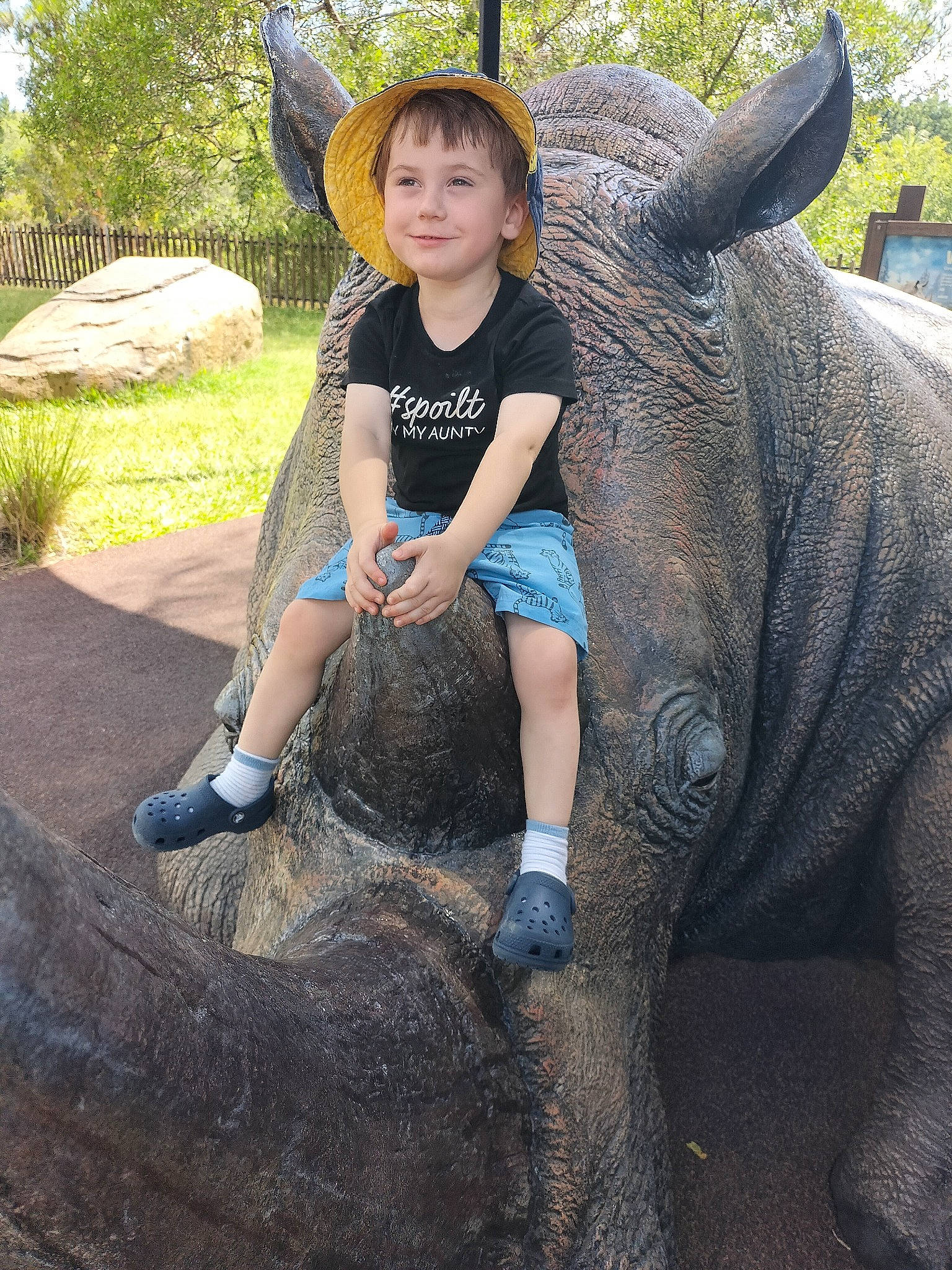 Izaiah is registered to the contest to win money with this photo: fun, grass, happy, hat, head, joy, landscape, lawn_ornament, leisure, person, plant, recreation, sculpture, shorts, soil, statue, sun_hat, terrestrial_animal, toddler, tree