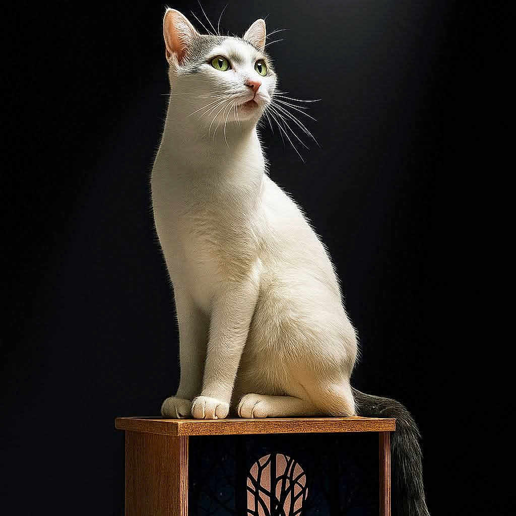 Patches is registered to the contest to win money with this photo: animal, cat, dark_background, dramatic_lighting, ears, elegant, feline, forest_art, gray_markings, green_eyes, moon, night_scene, pet, portrait, sitting, spotlight, tail, whiskers, white_cat, wooden_box