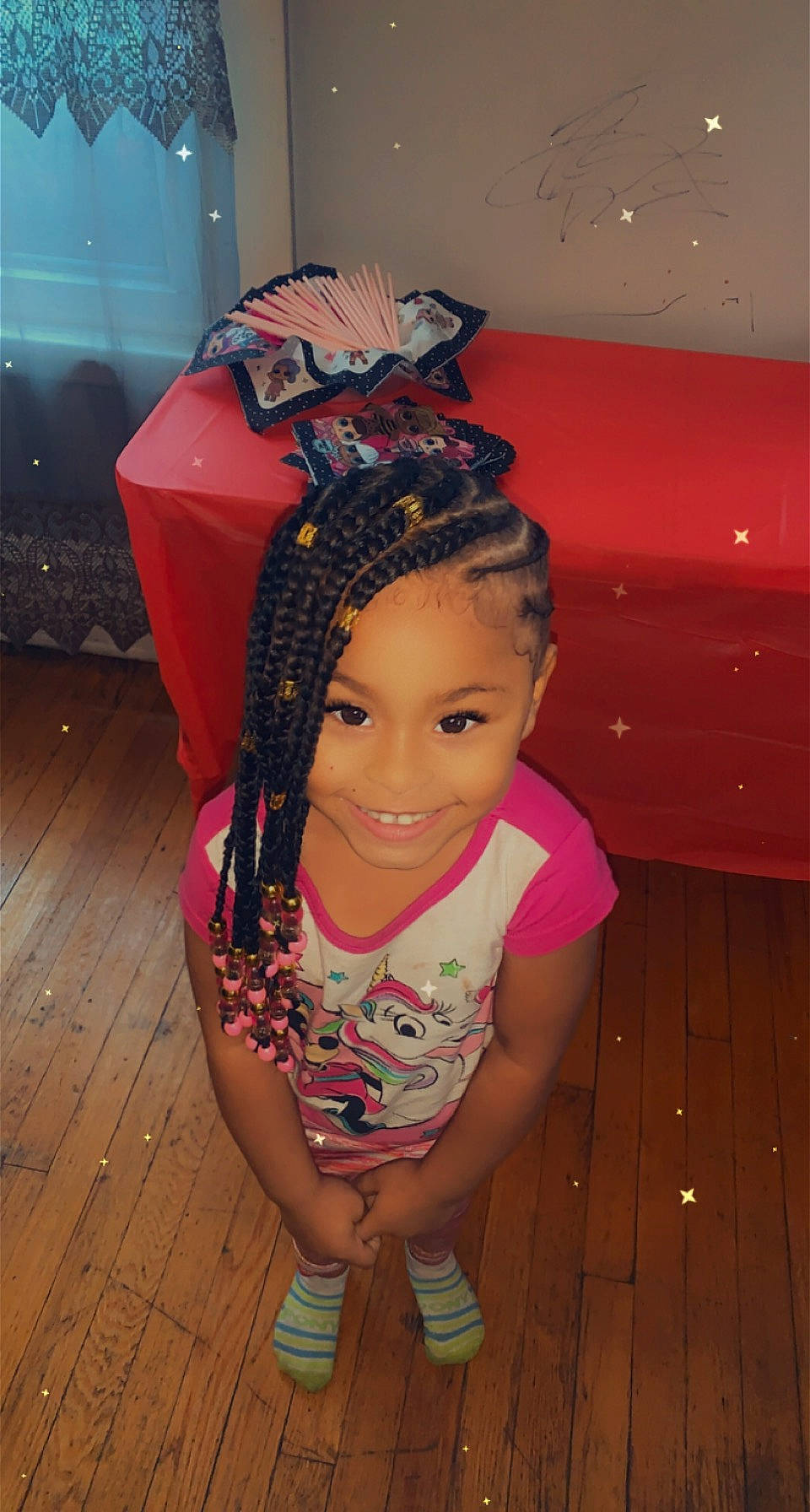 Gloriana is registered to the contest to win money with this photo: beauty, cap, child, eye, face, fashion_accessory, flooring, fun, happy, hardwood, headpiece, joy, leisure, magenta, person, personal_protective_equipment, pink, purple, skin, smile