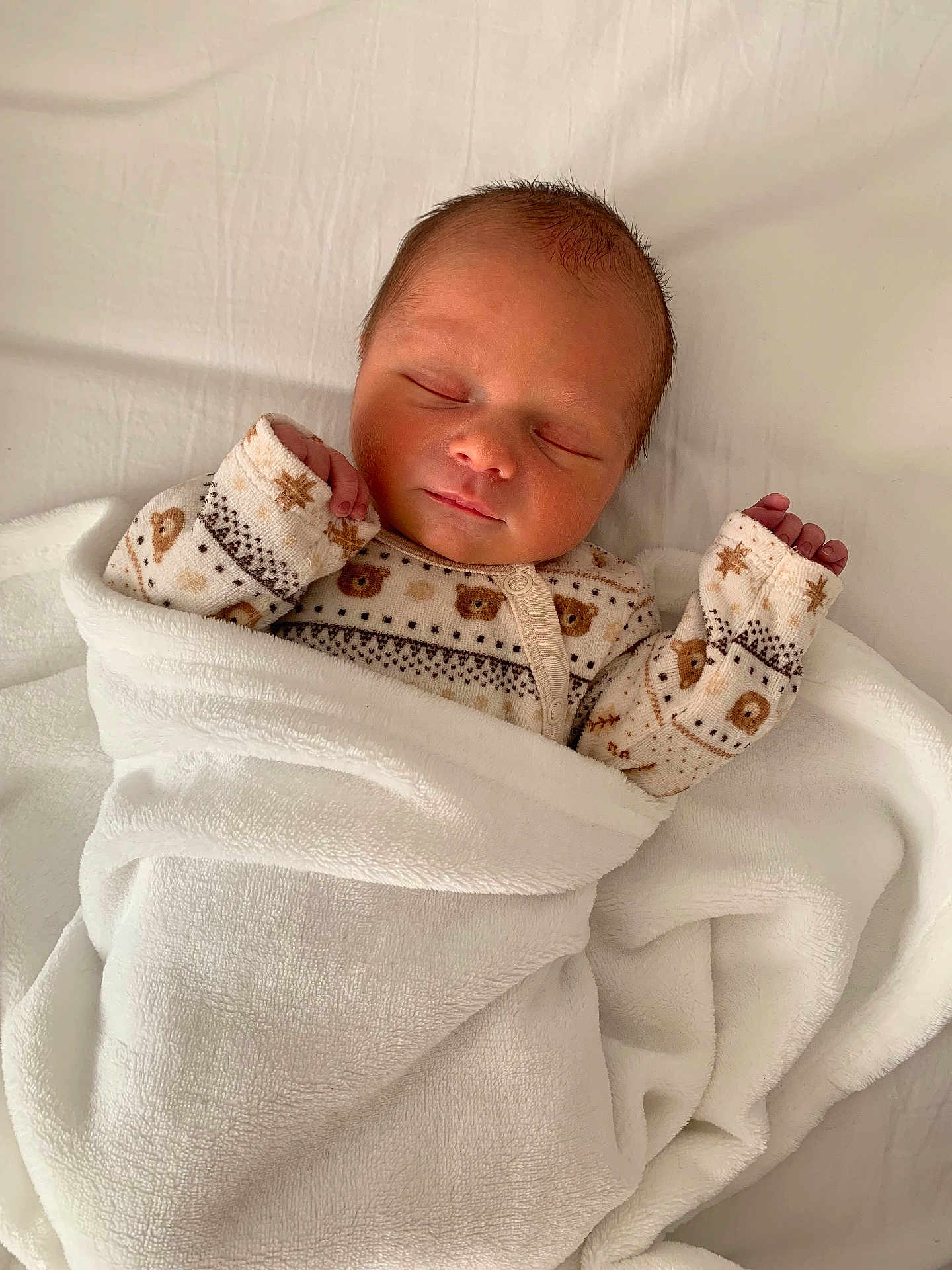 Raphaël participe au concours pour gagner de l'argent avec cette photo : newborn, baby, sleeping, blanket, onesie, patterned_clothing, bear_pattern, star_pattern, white_blanket, cozy, infant, peaceful, soft_texture, wrapped, hand, face, portrait, sleep, cute, bed