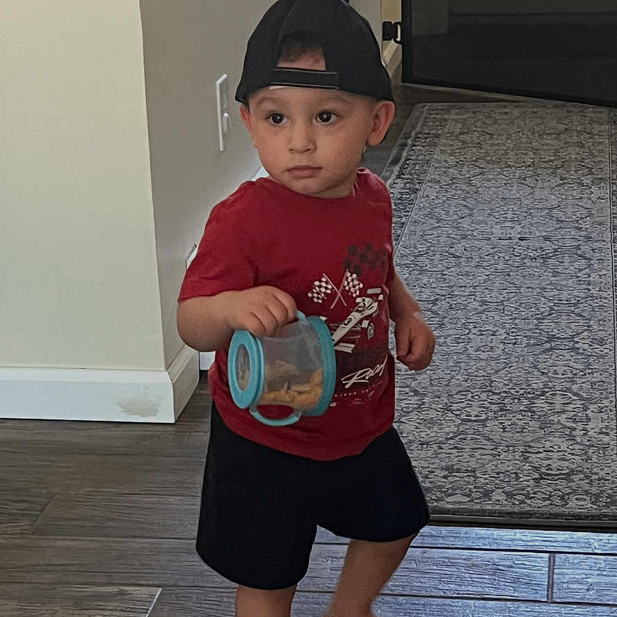 Yaseen is registered to the contest to win money with this photo: toddler, child, barefoot, cap, red_tshirt, shorts, container, floor, wooden_floor, rug, baby_gate, indoor, home, person, standing, holding, walking, young_child, casual_clothing, curious
