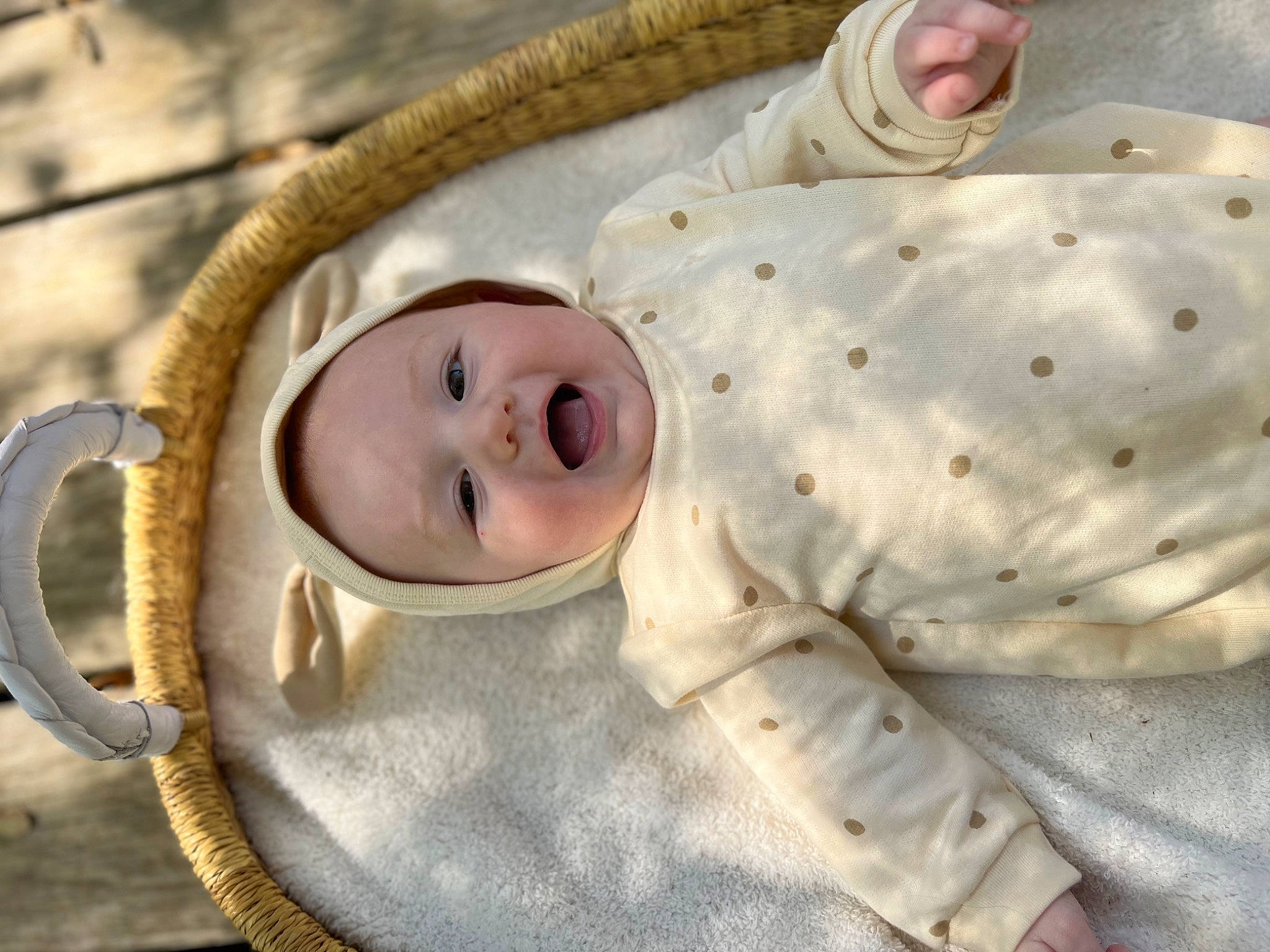 Cohen is registered to the contest to win money with this photo: baby, baby_products, baby_safety, baby_toddler_clothing, bedding, cheek, child, collar, comfort, eye, face, fur, linens, nose, pattern, person, sleeve, smile, toddler, wood