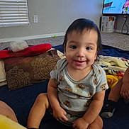 Nikolas is registered to the contest to win money with this photo: toddler, child, smile, indoor, blanket, pillow, carpet, television, box, clothing, person, floor, home, happy, sitting, toy, furniture, candid, cute, baby