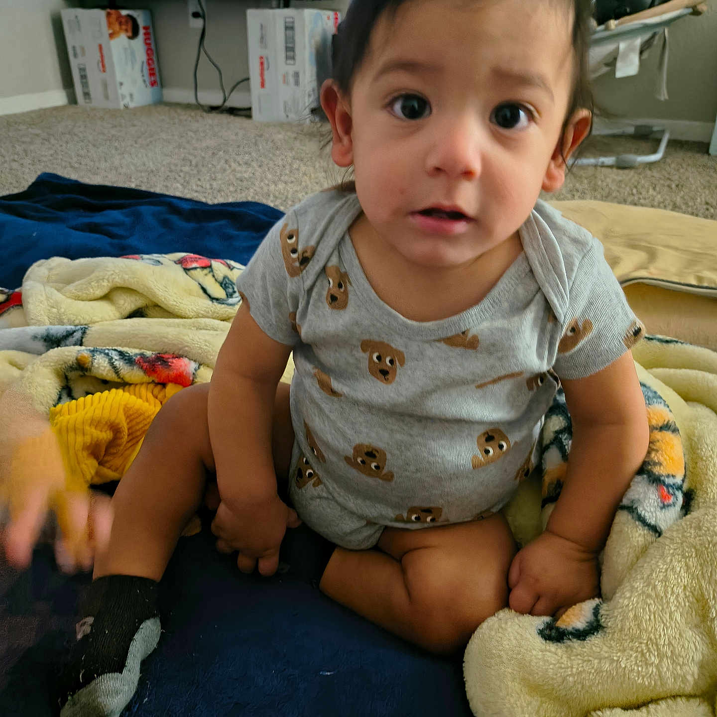Hector is registered to the contest to win money with this photo: toddler, child, baby, onesie, blanket, carpet, sock, indoor, television, baby_rocker, toy, floor, person, cute, expression, sitting, furniture, living_room, home, curious