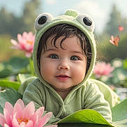 Angel joined the competition — help win amazing prizes! baby, child, frog_hoodie, lily_pad, lotus_flower, pink_flower, butterfly, nature, outdoor, portrait, cute, green_hoodie, water, flora, closeup, smiling, face, eyes, soft_light, background_blur