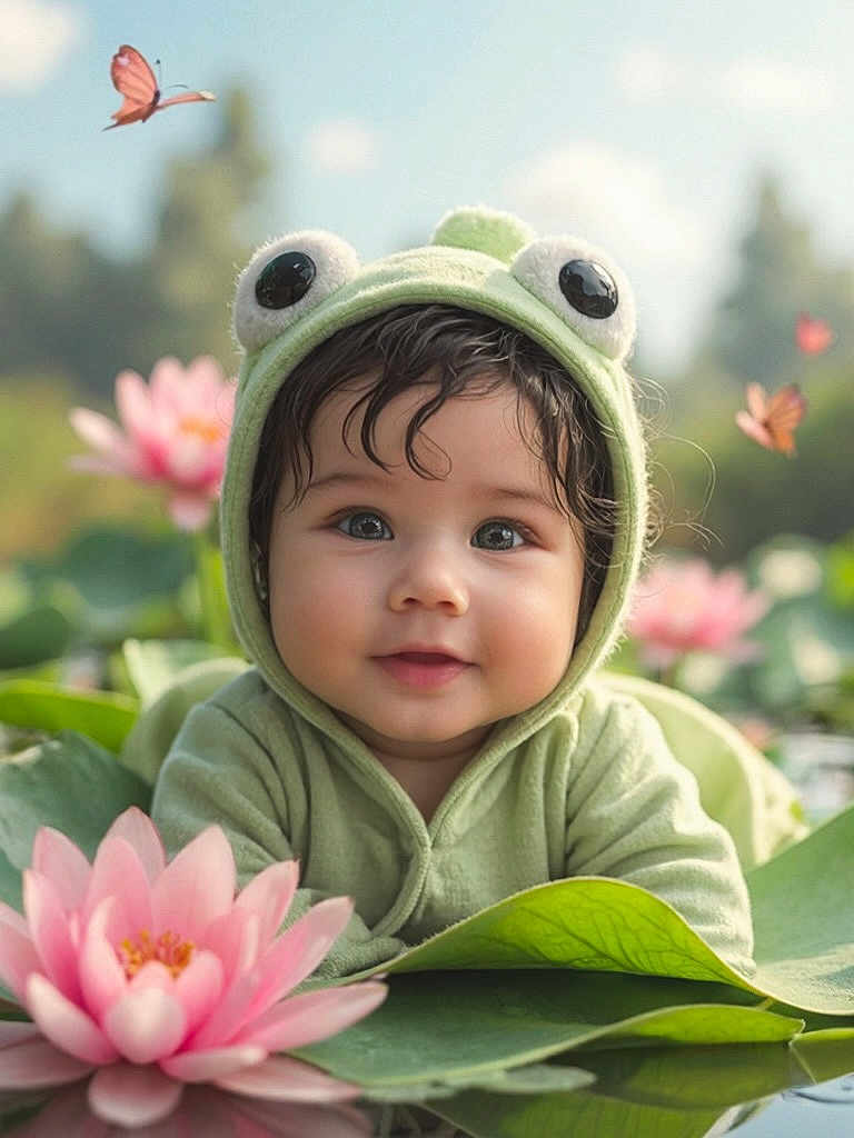 Angel joined the competition — help win amazing prizes! baby, child, frog_hoodie, lily_pad, lotus_flower, pink_flower, butterfly, nature, outdoor, portrait, cute, green_hoodie, water, flora, closeup, smiling, face, eyes, soft_light, background_blur