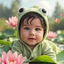 Angel is registered to the contest to win money with this photo: baby, child, frog_hoodie, lily_pad, lotus_flower, pink_flower, butterfly, outdoor, nature, cute, portrait, green, water, flora, foliage, infant, smiling, face, eyes, adorable