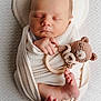 newborn, baby, sleeping, blanket, teddy_bear, rattle, heart_pillow, soft_texture, wrapped, peaceful, infant, cute, hand, foot, portrait, indoors, close_up, resting, child, cozy